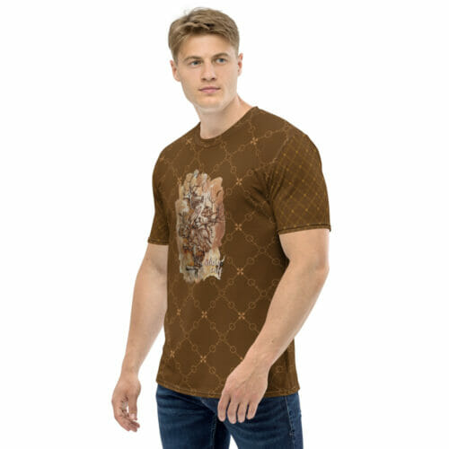 Parte delantera de Camiseta all over print para hombre con diseño "adicto al café" Serie cafeína - Amejoartes - Jorge A. Merino - El Salvador