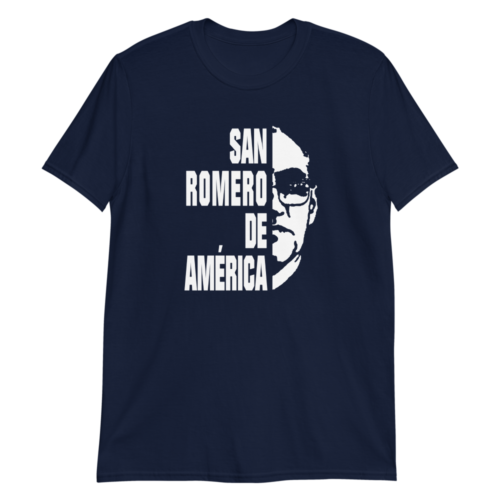 Parte delantera de Camiseta azul negro manga corta unisex con diseño y frase de San Romero de América - Amejoartes - Jorge A. Merino - El Salvador