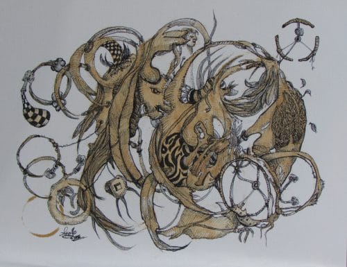 La rueda - Serie cafeína - VIDRIO PEQ. - 8.5 x 11 pulgadas - Café espresso y tinta sobre papel - 2016 - Jorge A. Merino - AMEJOARTES